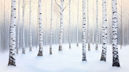 Snow falling gently around slender birch trees in a quiet forest, soft light filtering through