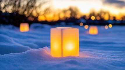 Snow-covered ground with softly glowing white lanterns during golden winter sunset