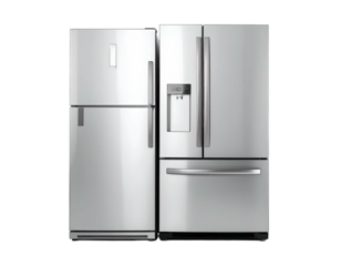 Two modern, stainless-steel refrigerators stand side-by-side against a black background