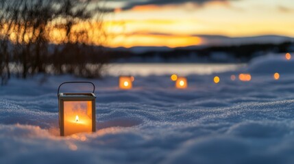 Snow-covered ground with softly glowing white lanterns during golden winter sunset
