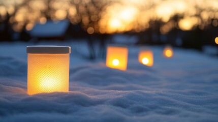 Snow-covered ground with softly glowing white lanterns during golden winter sunset