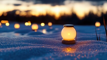 Snow-covered ground with softly glowing white lanterns during golden winter sunset