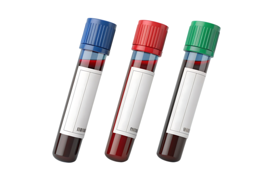 Three Blood Sample Vials with Red Blood Cells and Color Coded Caps for Medical Analysis and Diagnostic Tests
