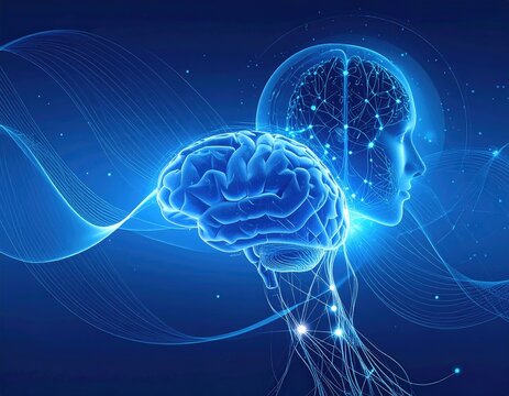 A luminous depiction of a human brain and head with energy waves