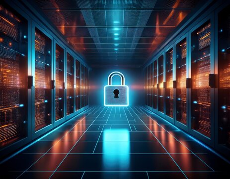 Secured Server Room with Glowing Padlock: Digital Security and Data Protection in a Modern IT Infrastructure.