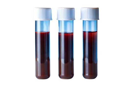 Three Blood Sample Test Tubes in a Row for Medical Analysis and Healthcare Diagnostics with White Caps on Black Background