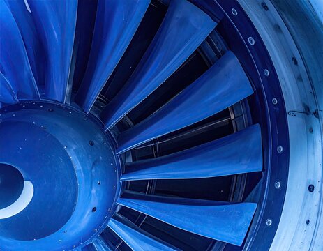 Close-up of a jet engine's blue-toned fan blades and housing, metallic rivets