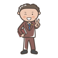 ピースをしてウインクする男性弁護士の全身イラスト