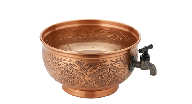 Decorative Copper Water Bowl with Embedded Flower Pattern and Attached Faucet for Traditional or Artistic Use