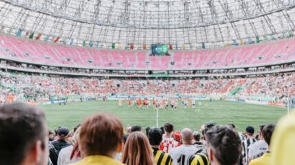 Captivating soccer match in vibrant stadium with enthusiastic crowd and colorful atmosphere