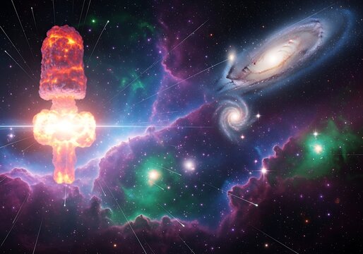 Stellar cataclysm juxtaposed with cosmic nebulae and celestial bodies creates a dramatic otherworldly scenery