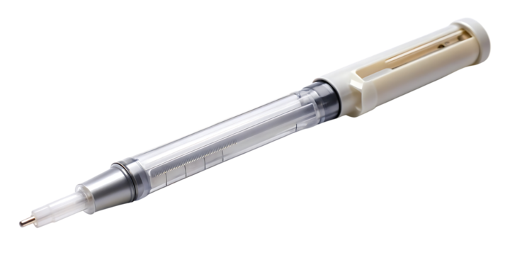 Insulin pen injector device for diabetes treatment on a dark background providing controlled dosages and self administration for blood sugar management