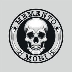 Detailed black and white badge logo illustration of a human skull with bones