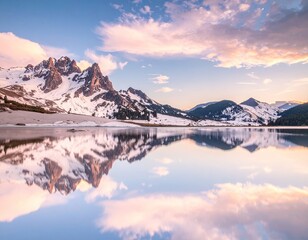 Majestic snow-capped mountains mirrored in a serene lake at sunset