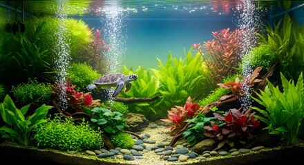 Obraz premium Aquatic Ecosystem with Turtle Underwater Plants Bubbles