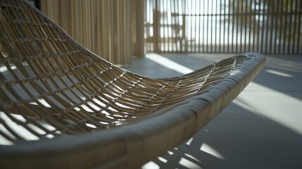 A woven chair with a brown frame and a brown netting. The chair is sitting on a concrete floor