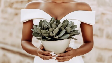 A woman is holding a potted plant in a white bowl. The plant is green and he is a succulent. The woman is wearing a white dress and is standing in front of a wall