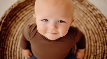 A baby is sitting in a basket and smiling. The basket is brown and has a woven texture