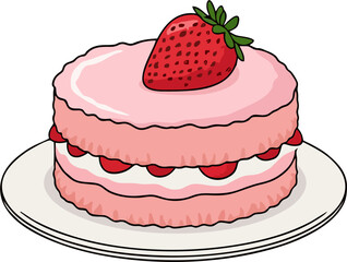 Cute Pink Strawberry Macaron Cake Vector Illustration – Whipped Cream Dessert with Whole Strawberry on Plate