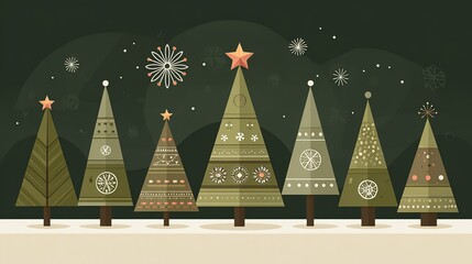 Obraz premium Christmas tree collection, decorated with stars and patterns, on dark green background, front view, copy space.