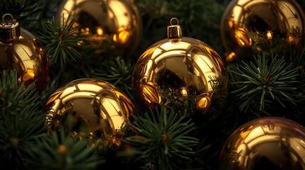 Golden Christmas Ornaments on Pine Branches
