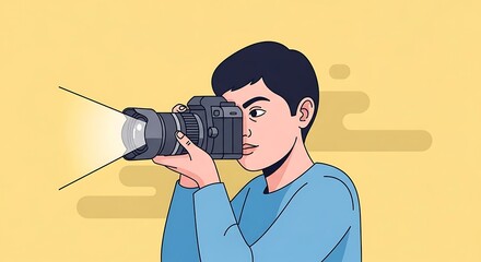 Young photographer capturing moment through viewfinder, focusing intently