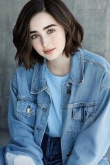 A woman in a blue denim jacket sits on a couch. She has short brown hair and is wearing a blue shirt