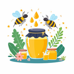 honey bee and flowers jar vector