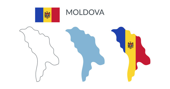 Moldova country geographical borders isolated on white background. Flag of Moldova. Vector flat cliparts.