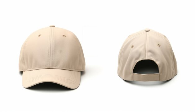 beige Baseball cap isolated on white background. Front and back view.
