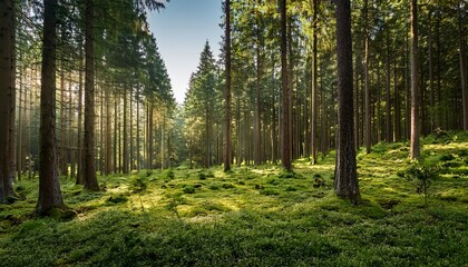 Fototapeta premium Serene Green Forest Scene Tall Pine Trees And Lush Grass