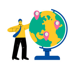 Business man standing next to an earth globe. Flat vector illustration isolated on white background