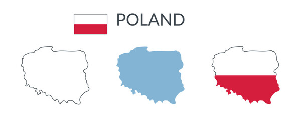 Poland country geographical borders isolated on white background. Flag of Poland. Vector flat cliparts.
