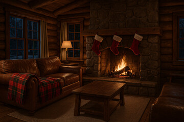 Fototapeta premium Rustic log cabin living room with leather sofa, warm fire, stone fireplace, and Christmas stockings hanging above 