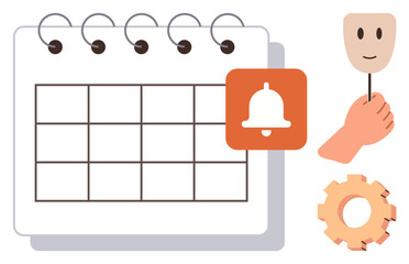 Calendar with bell icon, hand holding mask, and gear symbolizing scheduling, reminders, and emotional or social planning. Ideal for time management, emotions, productivity, planning organization