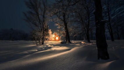 Illuminated cabin in snowy winter forest at dusk - cozy retreat nestled among snow covered trees in...