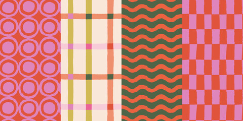 Obraz na płótnie Canvas Vector set of seamless patterns – abstract hand-drawn quirky doodles, striped, plaid, and checkered designs – festive, party, and Christmas decorative wrapping paper and textile backgrounds