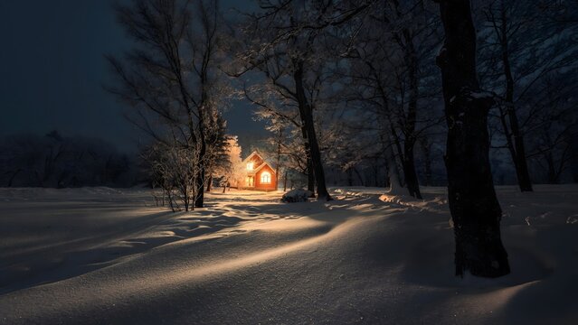 Illuminated cabin in snowy winter forest at dusk - cozy retreat nestled among snow covered trees in serene landscape