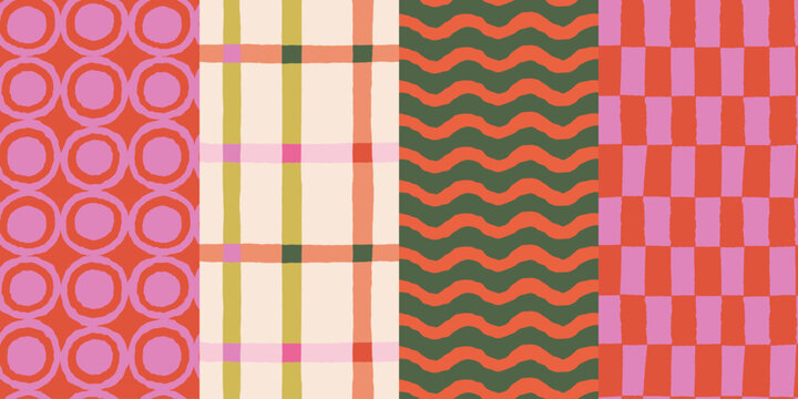 Vector set of seamless patterns – abstract hand-drawn quirky doodles, striped, plaid, and checkered designs – festive, party, and Christmas decorative wrapping paper and textile backgrounds