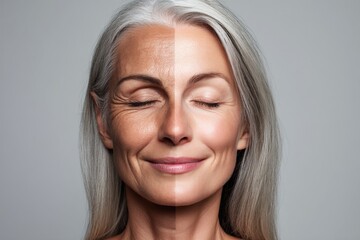 Mature caucasian female aging comparison with half smiling face