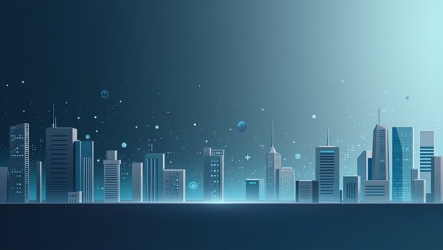 City skyline with futuristic lights and digital elements