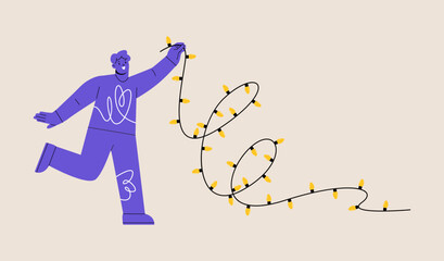 Man holding garlands with light bulbs. Colorful vector illustration
