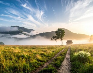 Obraz premium A dirt road leads to a cabin near a tree in a field with mountains in the background