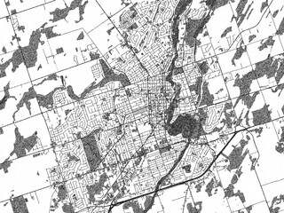 Monochrome sketch map of Peterborough, Ontario, ideal for posters, prints, and travel design.