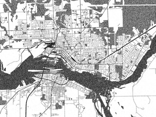 Naklejka premium Stylized black and white urban map of Sault Ste. Marie, Ontario, hand-drawn for decor and creative use.