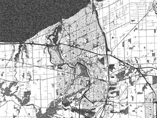 Black and white cartographic illustration of St. Catharines, Ontario, in hand-drawn sketch form.