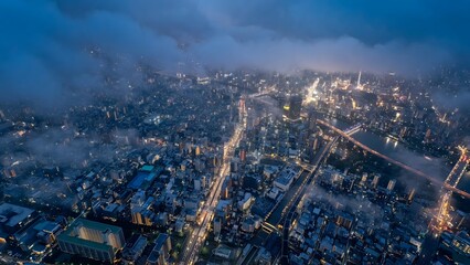 Aerial view of illuminated Tokyo cityscape at dusk with dramatic clouds stretching across urban streets