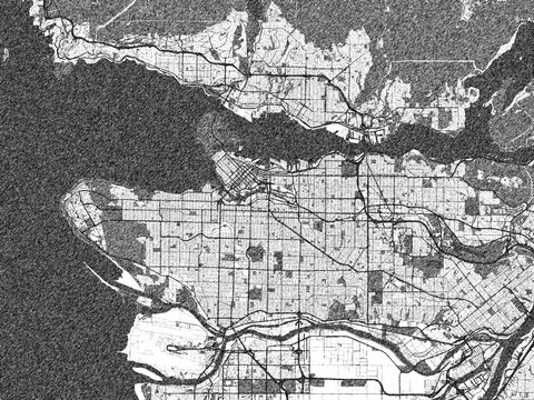 Stylized black and white urban map of Vancouver British, Columbia, hand-drawn for decor and creative use.