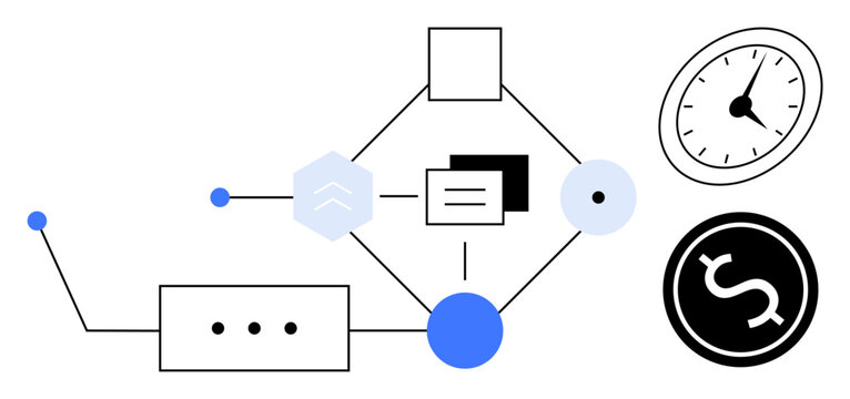 Geometric elements, lines, and icons represent interconnected steps of workflow process linking time and cost. Ideal for productivity, innovation, finance, time management, planning, efficiency