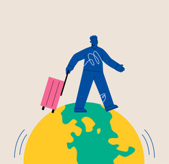 Man with suitcase walking around the world. Colorful vector illustration